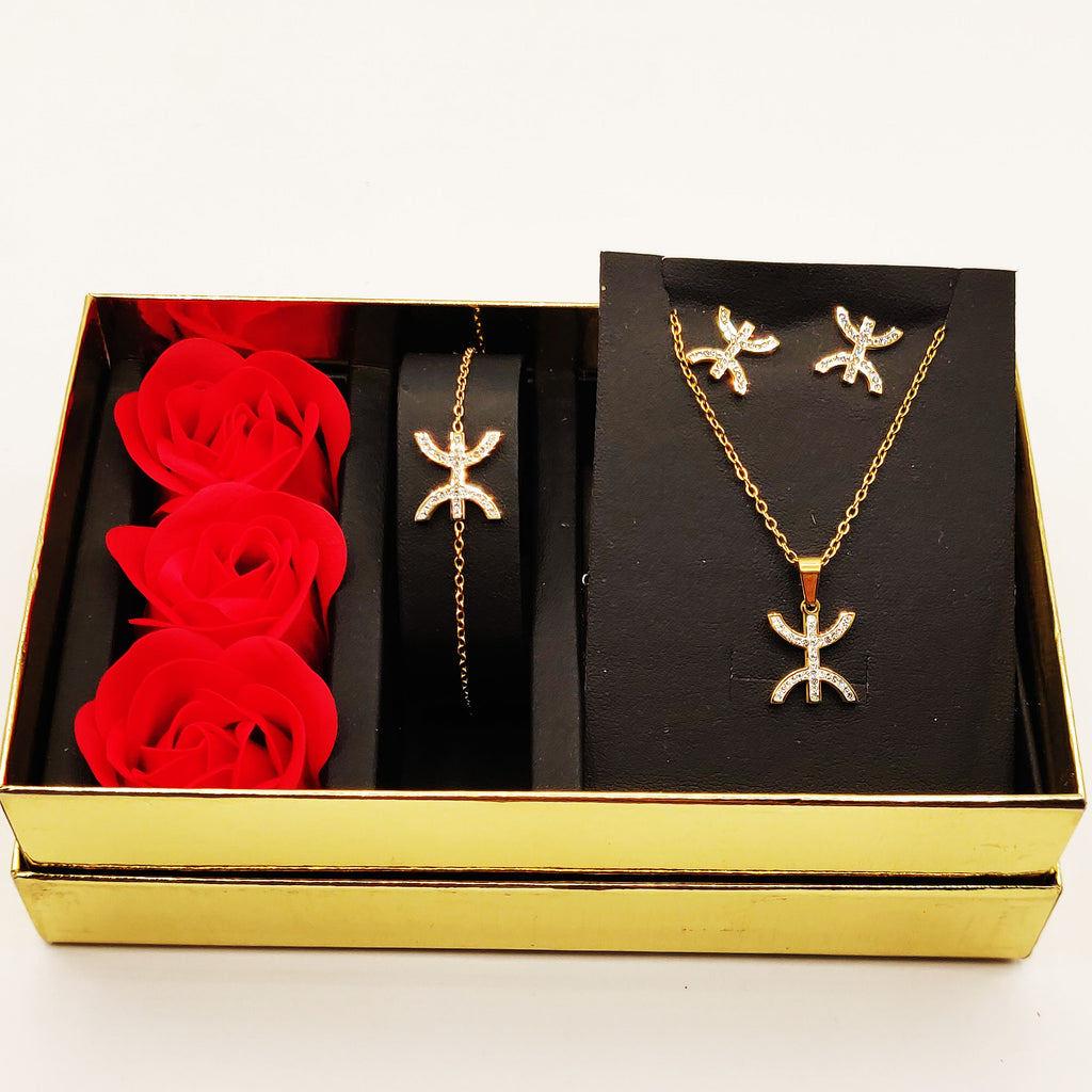 Coffret Collier, Bracelet et Boucles d'oreilles Amazigh Cristaux et Roses Rouges