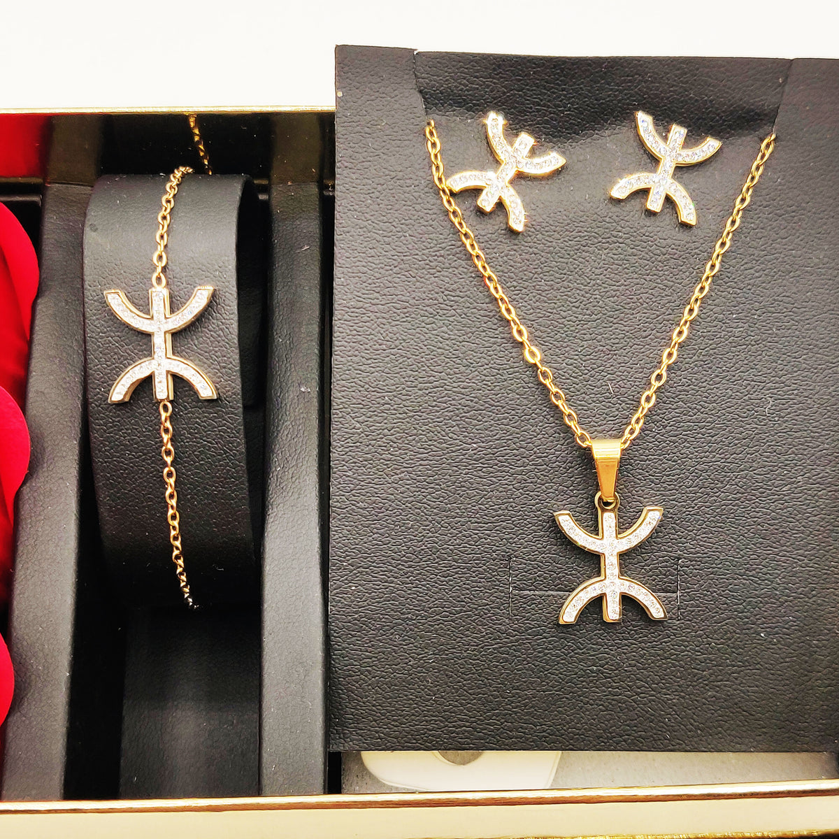Coffret Collier, Bracelet et Boucles d'oreilles Amazigh Cristaux et Roses Rouges