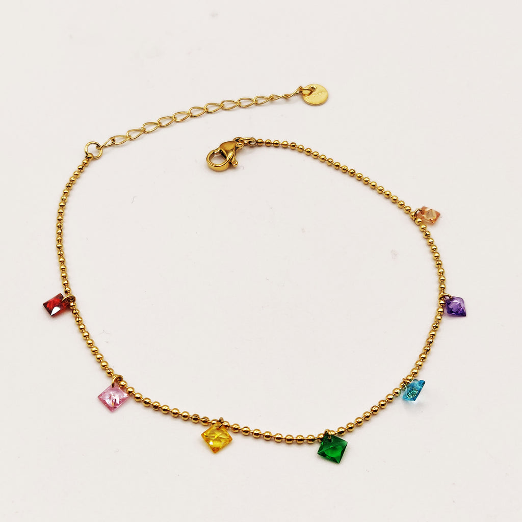 Chaîne de Cheville Multi Perles d'imitation Cristaux Carrés Multicolores