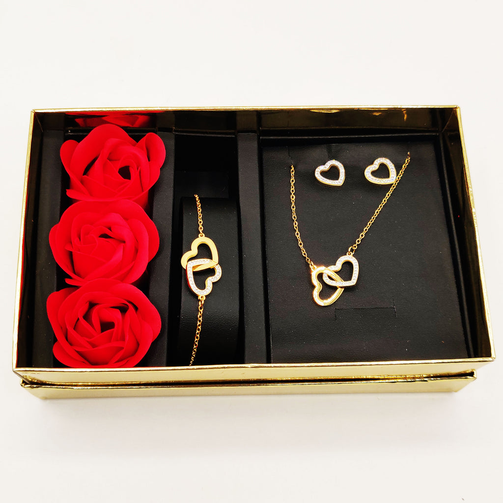 Coffret Collier, Bracelet et Boucles d'oreilles Double Coeurs Cristaux et Roses Rouges