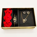 Coffret Collier, Bracelet et Boucles d'oreilles Double Coeurs Cristaux et Roses Rouges