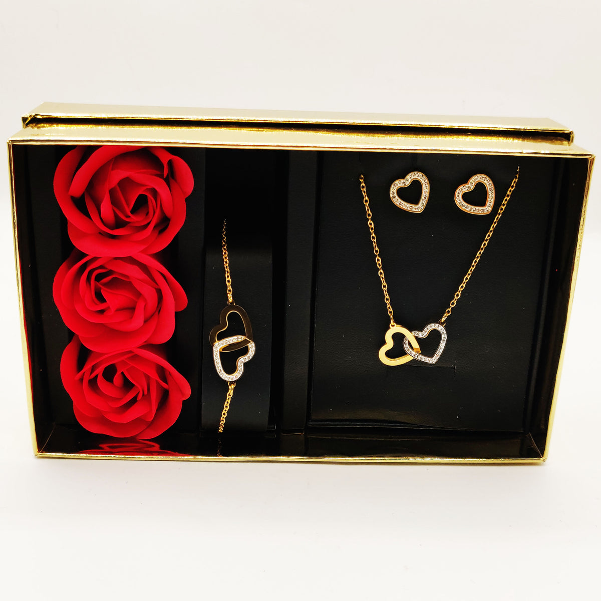 Coffret Collier, Bracelet et Boucles d'oreilles Double Coeurs Cristaux et Roses Rouges