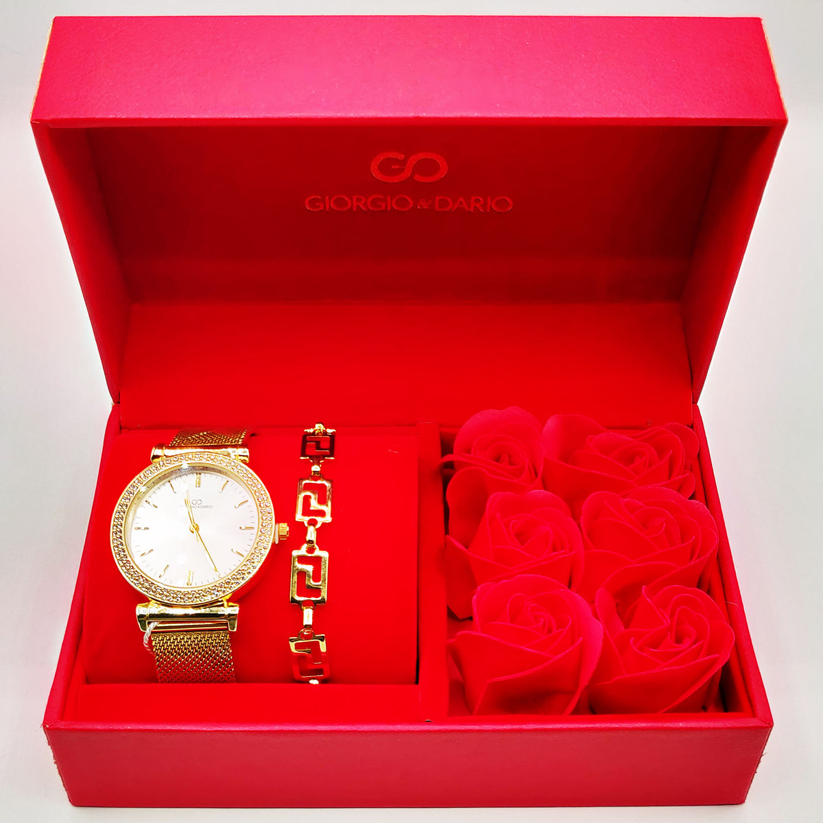 Coffret Cadeau Montre Giorgio & Dario EU6314 Fond Blanc avec Bracelet Rigide Motifs V Luxe et Roses Rouges