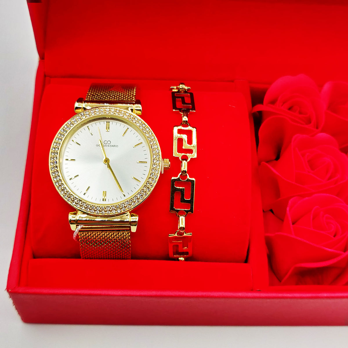 Coffret Cadeau Montre Giorgio & Dario EU6314 Fond Blanc avec Bracelet Rigide Motifs V Luxe et Roses Rouges