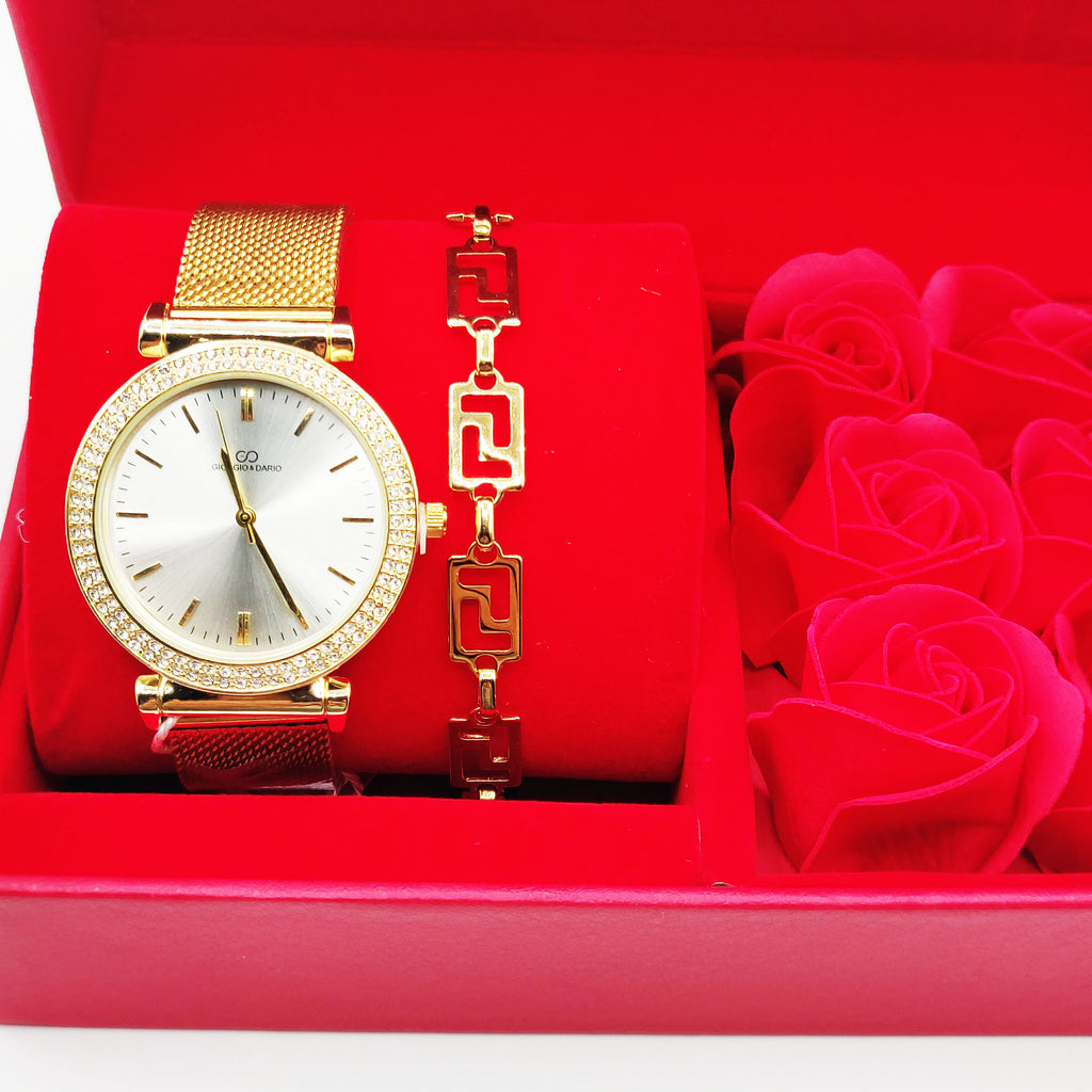 Coffret Cadeau Montre Giorgio & Dario EU6314 Fond Blanc avec Bracelet Rigide Motifs V Luxe et Roses Rouges