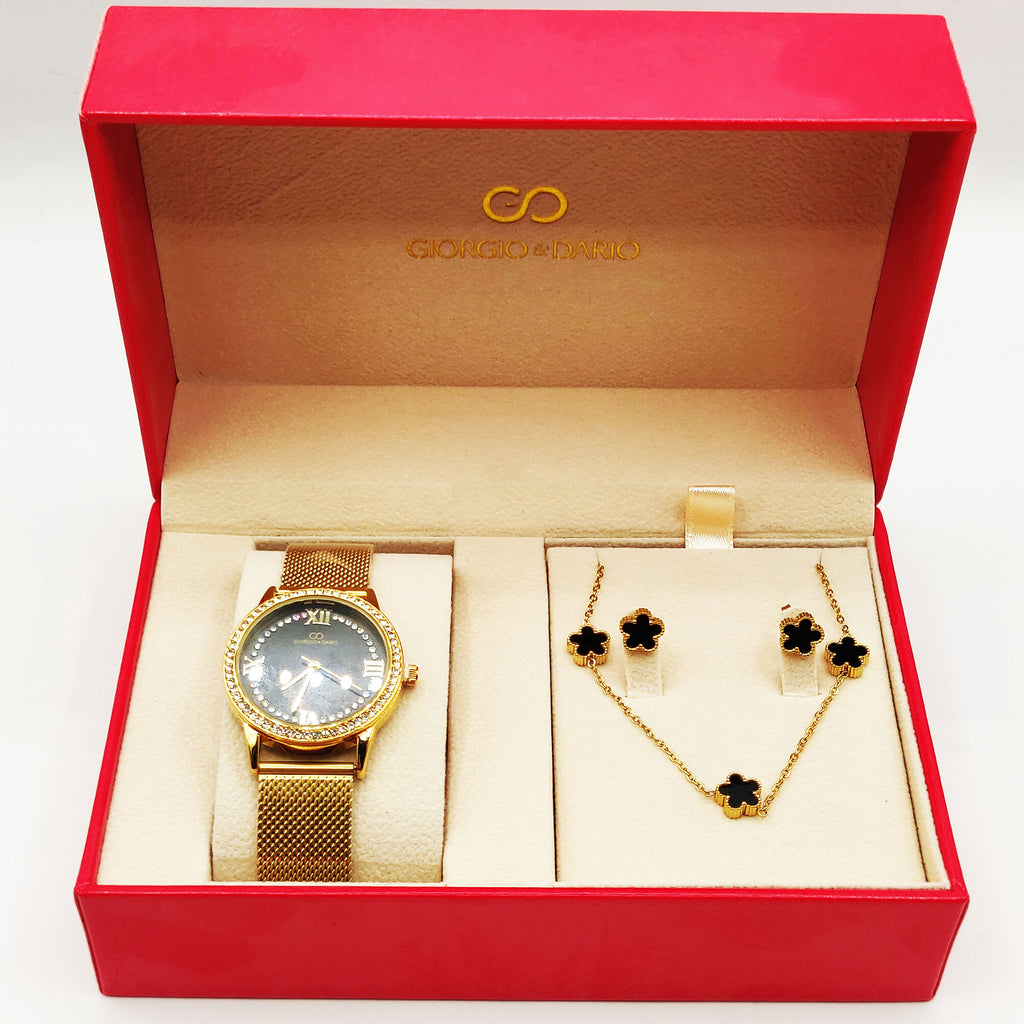 Coffret Montre Giorgio & Dario EU6568 Fond Noir avec Collier et Boucles d'oreilles Marguerites Noires