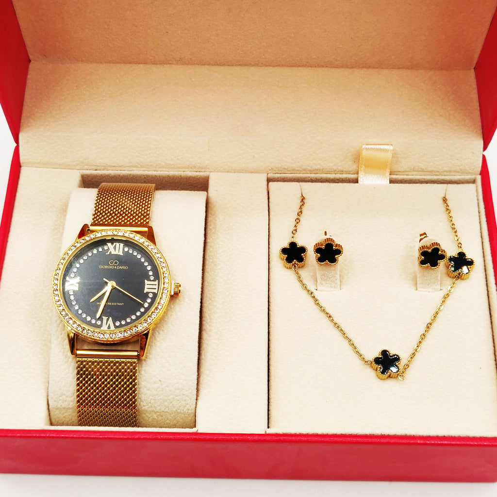 Coffret Montre Giorgio & Dario EU6568 Fond Noir avec Collier et Boucles d'oreilles Marguerites Noires