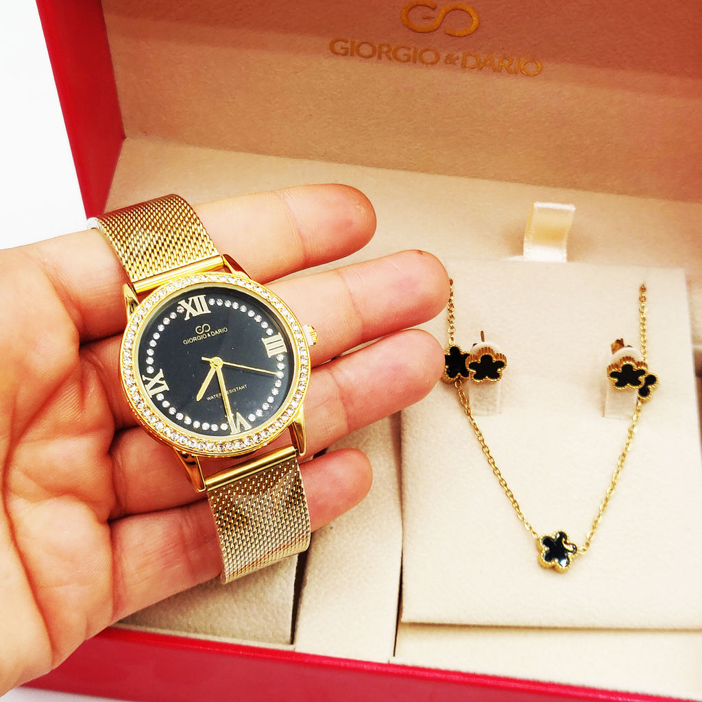 Coffret Montre Giorgio & Dario EU6568 Fond Noir avec Collier et Boucles d'oreilles Marguerites Noires