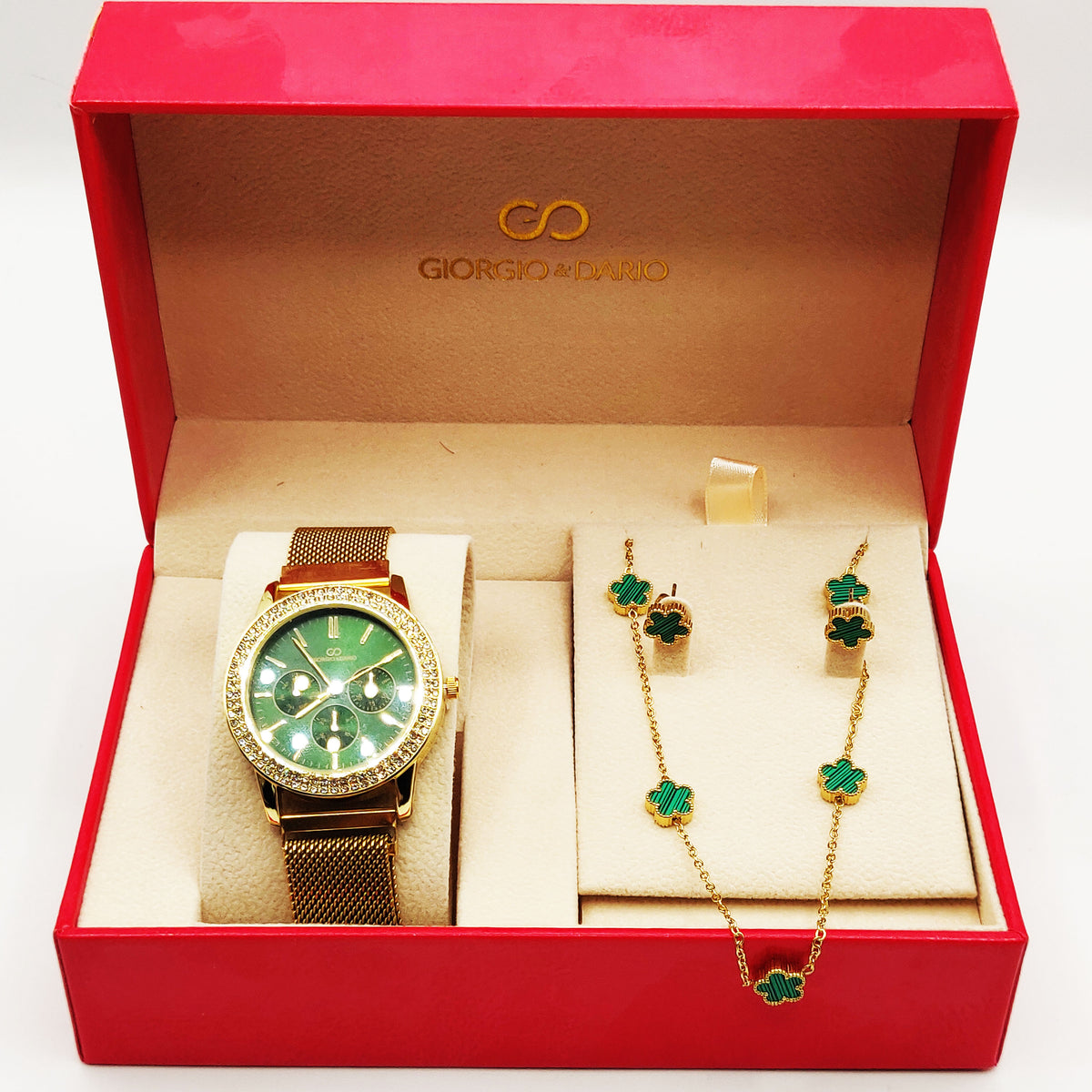 Coffret Montre Giorgio & Dario EU5944 Fond Vert avec Collier et Boucles d'oreilles Marguerites Vertes