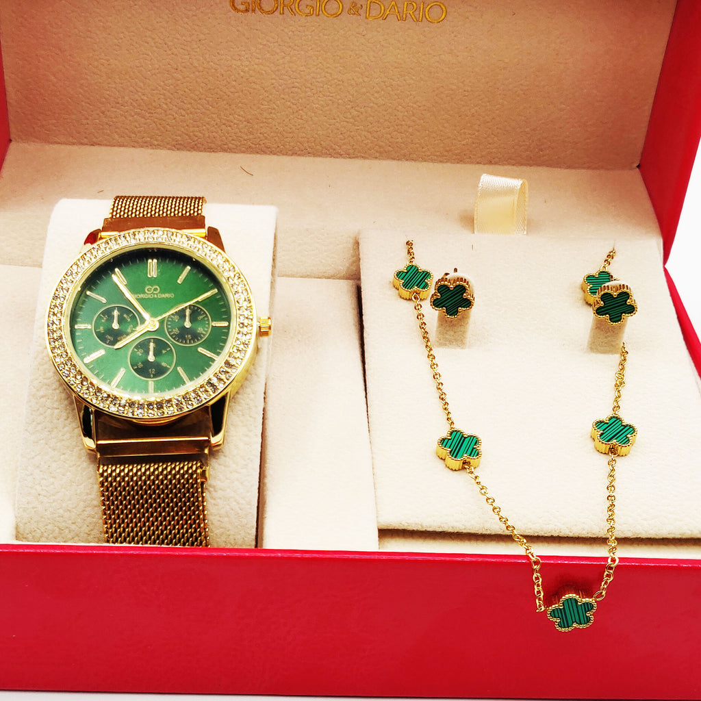 Coffret Montre Giorgio & Dario EU5944 Fond Vert avec Collier et Boucles d'oreilles Marguerites Vertes