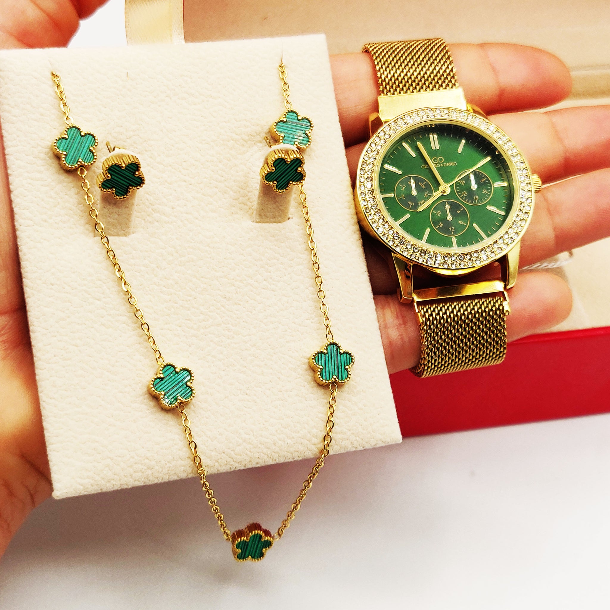 Coffret Montre Giorgio & Dario EU5944 Fond Vert avec Collier et Boucles d'oreilles Marguerites Vertes