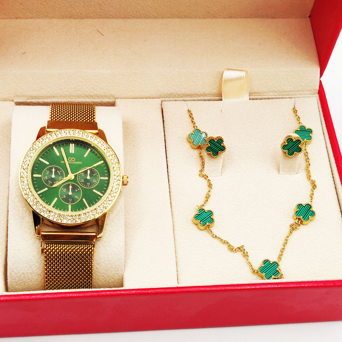 Coffret Montre Giorgio & Dario EU5944 Fond Vert avec Collier et Boucles d'oreilles Marguerites Vertes