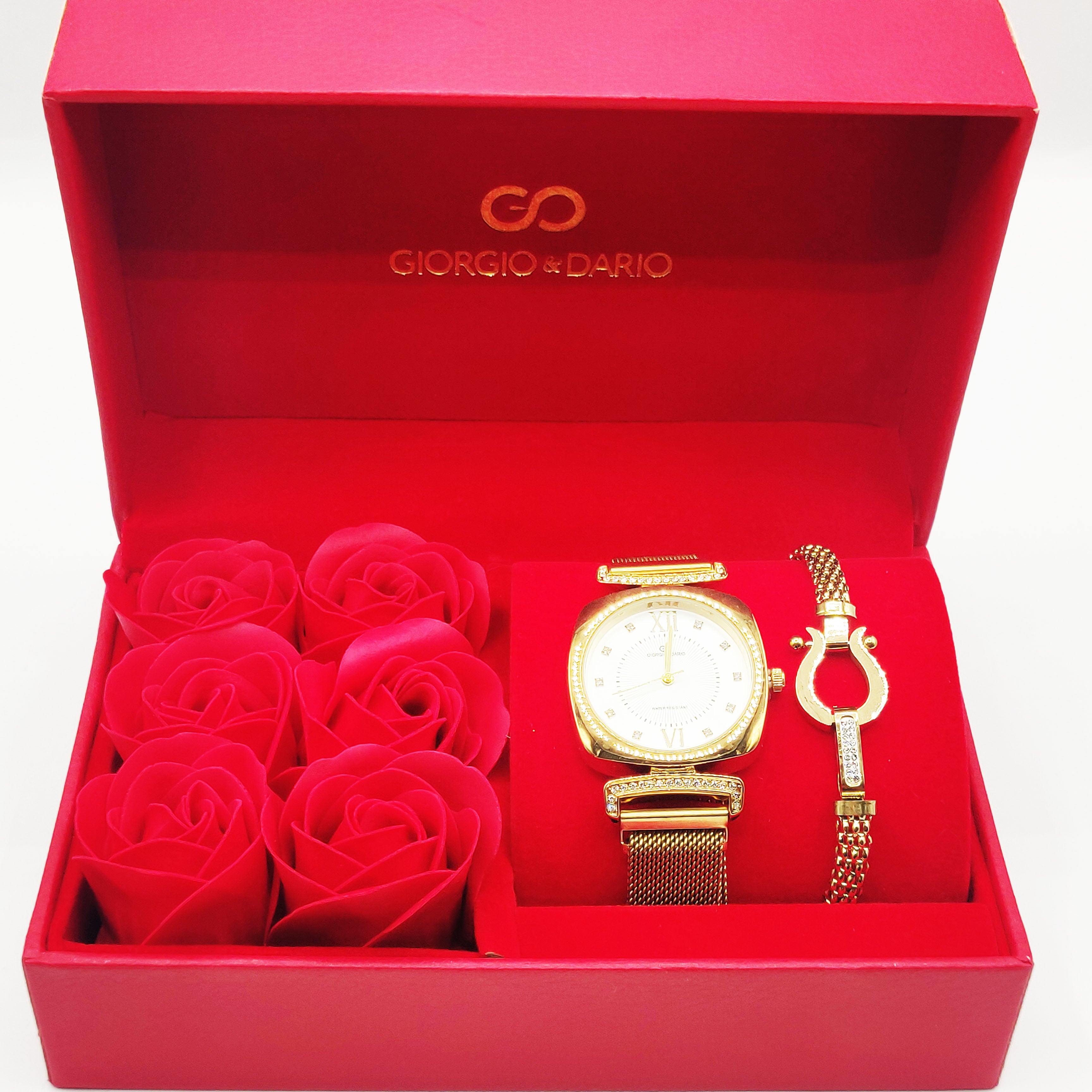 Coffret Cadeau Montre Giorgio & Dario EU6387 Fond Blanc avec Bracelet Rigide Motif Oméga Luxe et Roses Rouges
