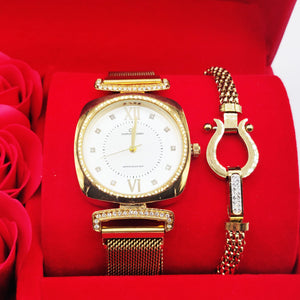 Coffret Cadeau Montre Giorgio & Dario EU6387 Fond Blanc avec Bracelet Rigide Motif Oméga Luxe et Roses Rouges