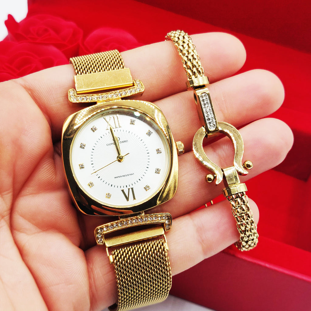 Coffret Cadeau Montre Giorgio & Dario EU6387 Fond Blanc avec Bracelet Rigide Motif Oméga Luxe et Roses Rouges