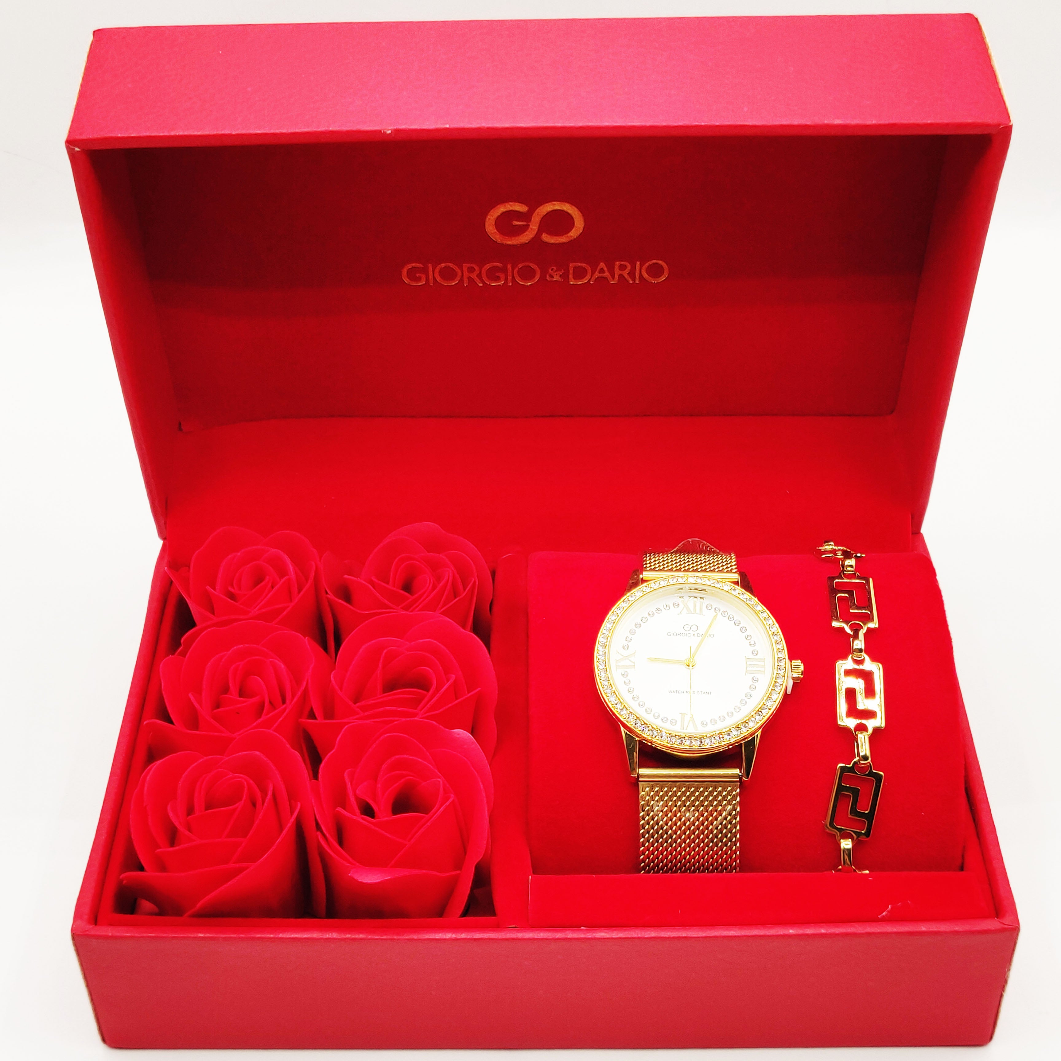 Coffret Cadeau Montre Giorgio & Dario EU6568 Fond Blanc avec Bracelet Rigide Motif V Luxe et Roses Rouges