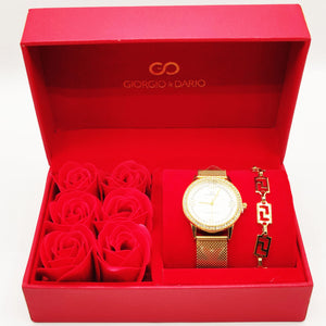 Coffret Cadeau Montre Giorgio & Dario EU6568 Fond Blanc avec Bracelet Rigide Motif V Luxe et Roses Rouges