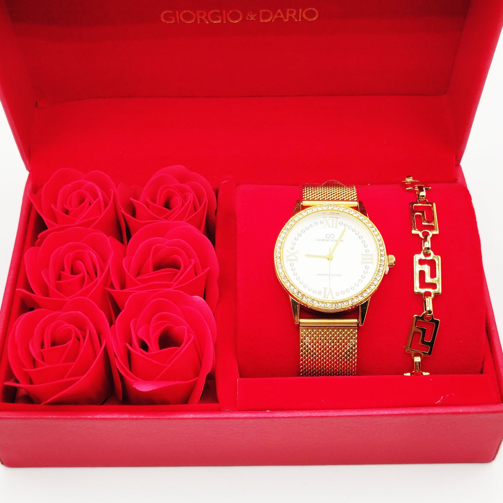 Coffret Cadeau Montre Giorgio & Dario EU6568 Fond Blanc avec Bracelet Rigide Motif V Luxe et Roses Rouges