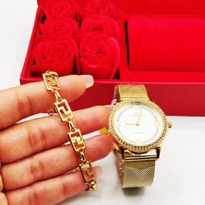 Coffret Cadeau Montre Giorgio & Dario EU6568 Fond Blanc avec Bracelet Rigide Motif V Luxe et Roses Rouges