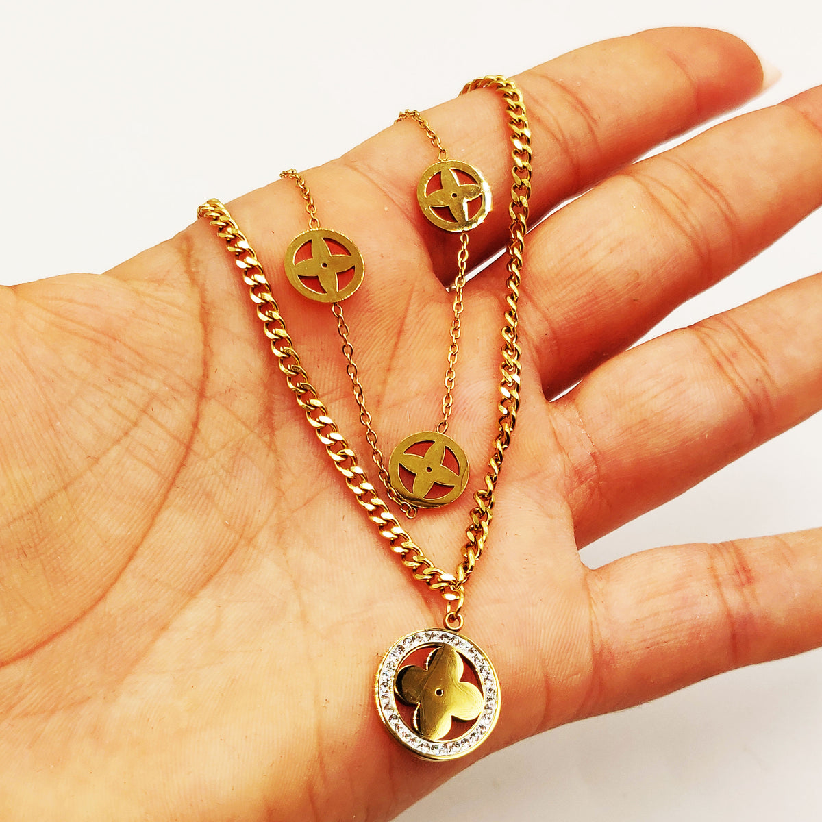 Collier Double Multi Cercles Trèfles Luxe