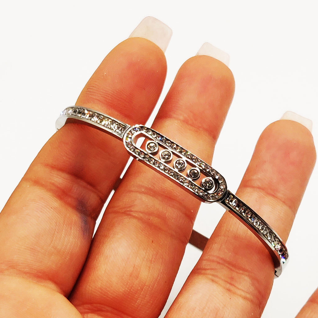 Bracelet Rigide Mexicain 5 Cristaux Luxe Argenté
