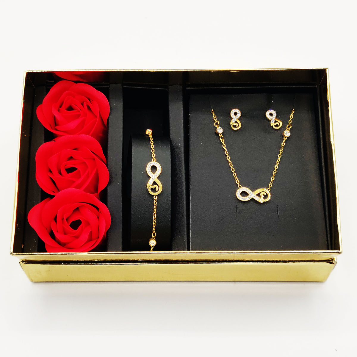Coffret Collier, Bracelet et Boucles d'oreilles Infinity Coeur Cristaux et Roses Rouges