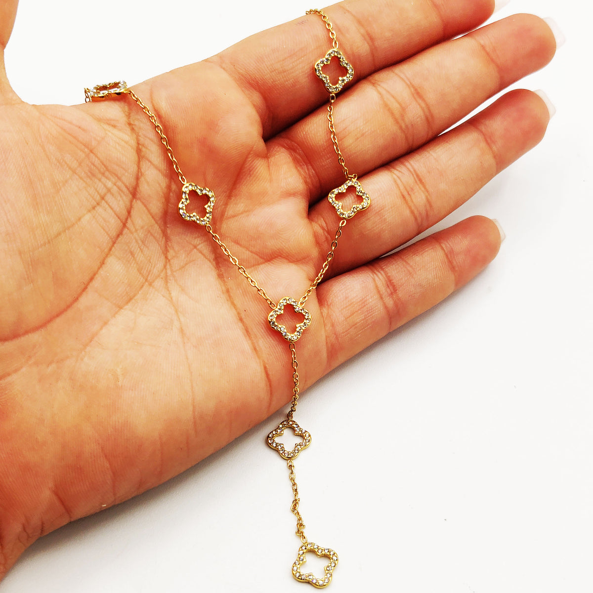 Collier Multi Trèfles Creux Tour Cristaux Descendant