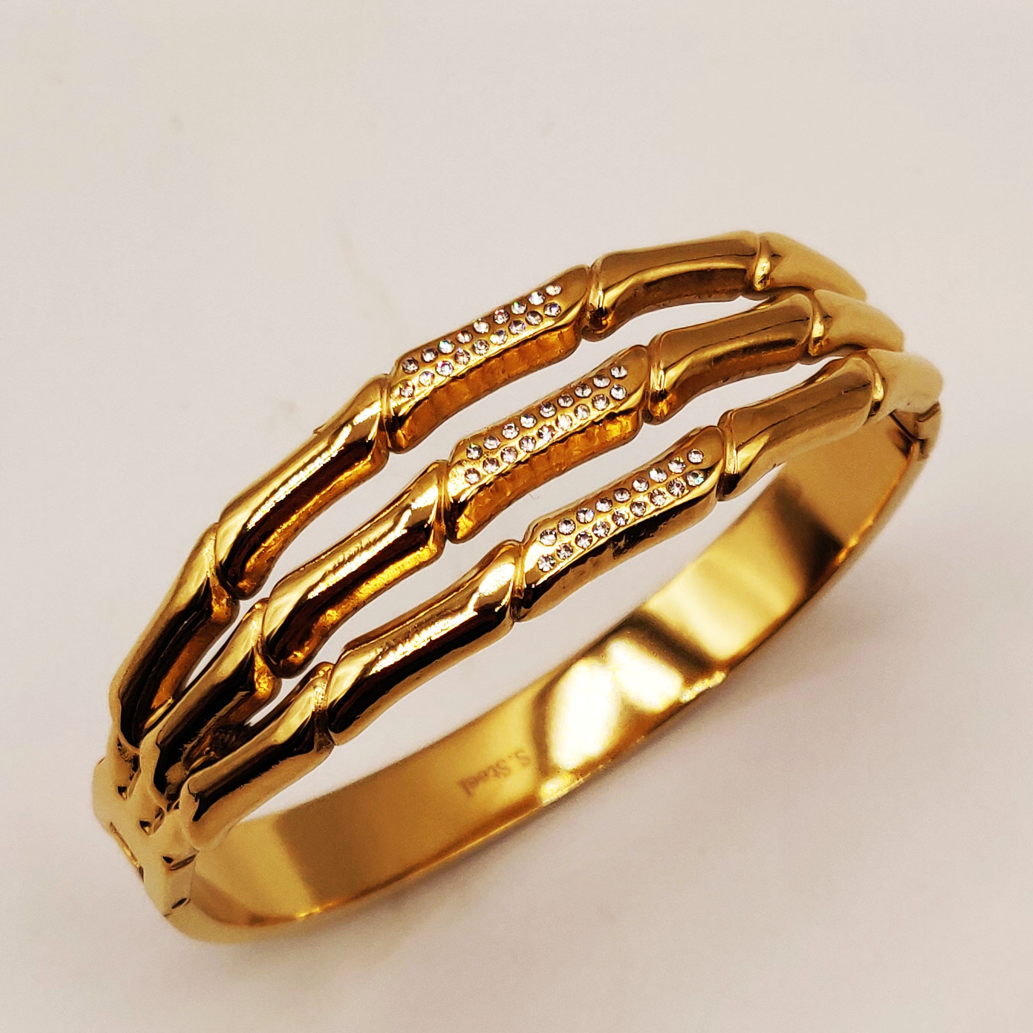 Bracelet Rigide Triple Lignes Os Cristaux Luxe