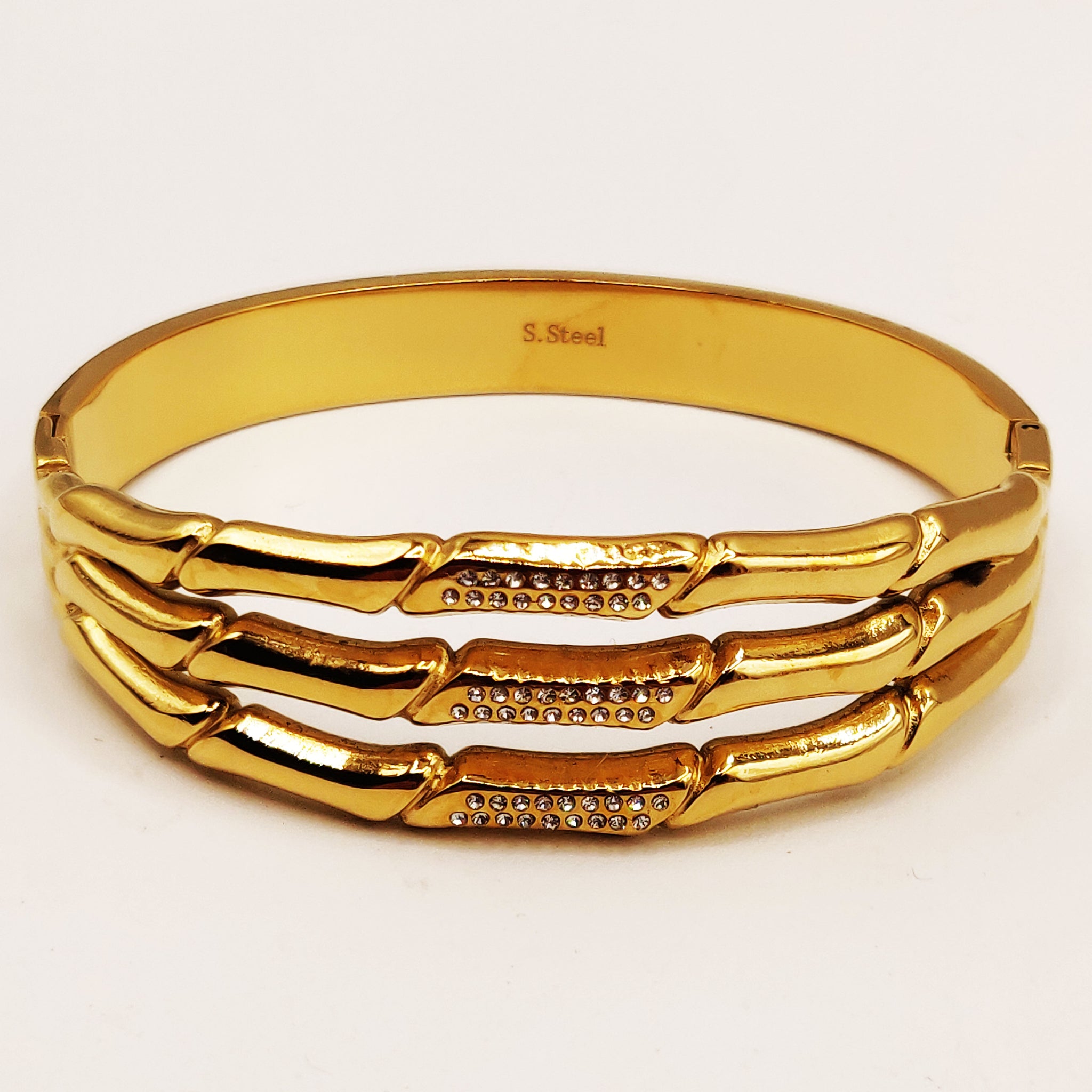 Bracelet Rigide Triple Lignes Os Cristaux Luxe