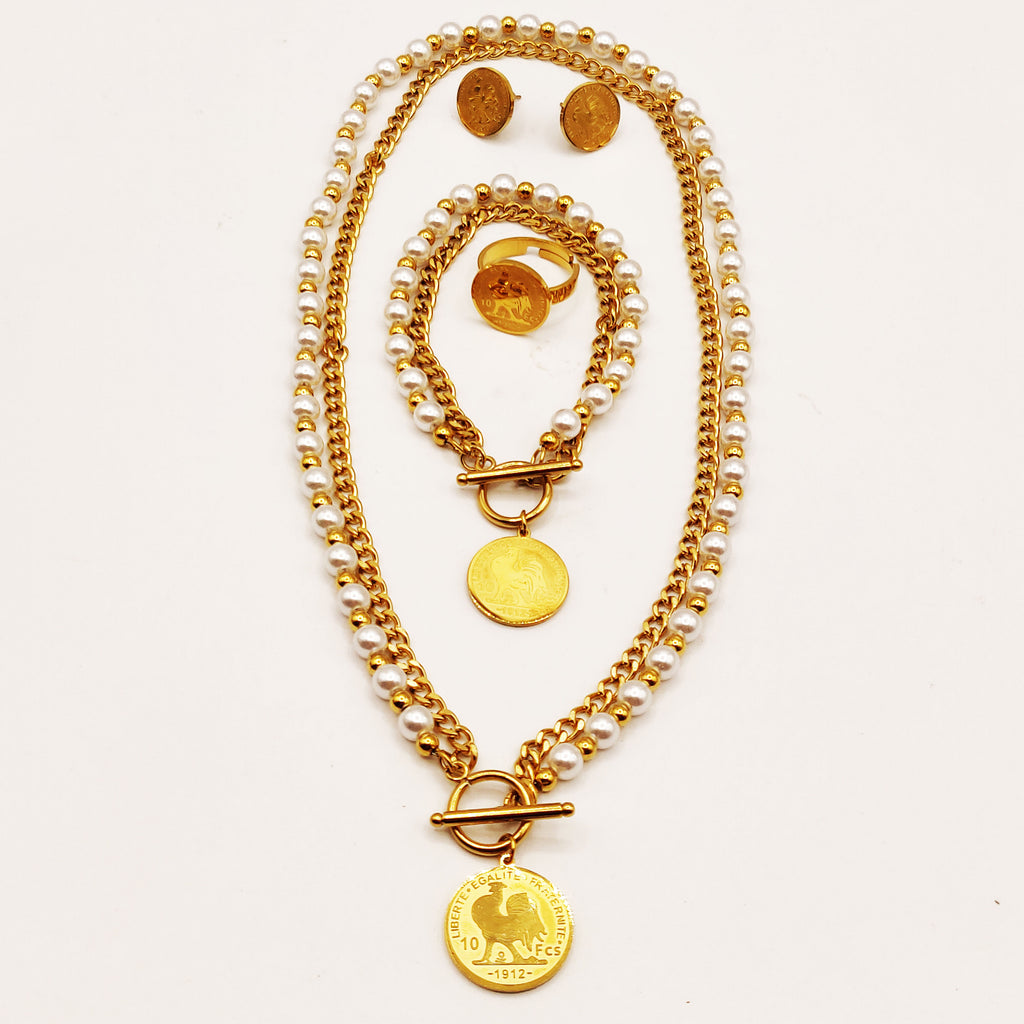 Ensemble Collier, Bracelet, Boucles d'oreilles et Bague Perles d'imitation Blanches et Dorées Lousie Coq Luxe
