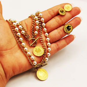 Ensemble Collier, Bracelet, Boucles d'oreilles et Bague Perles d'imitation Blanches et Dorées Lousie Coq Luxe