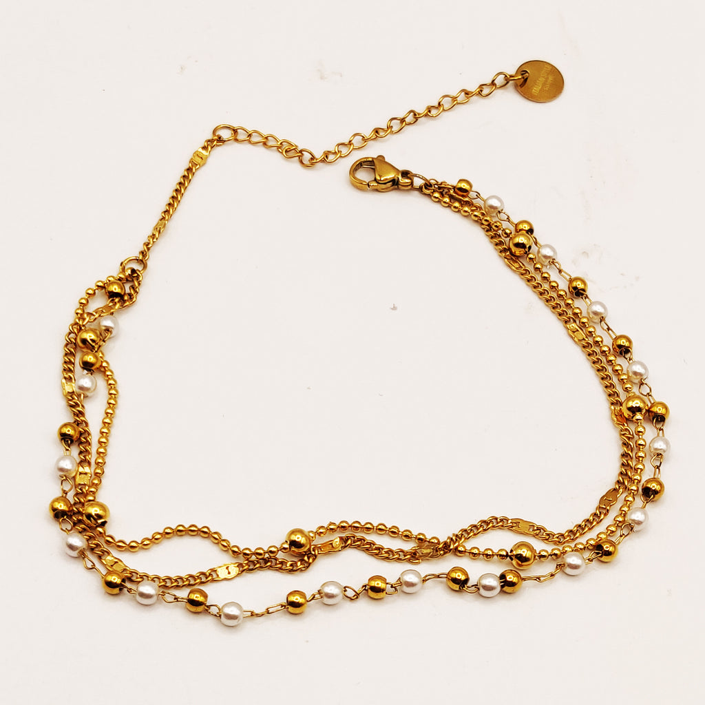 Chaîne de Cheville Tresse et Perles d'imitation Blanches et Dorées