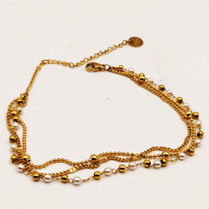 Chaîne de Cheville Tresse et Perles d'imitation Blanches et Dorées
