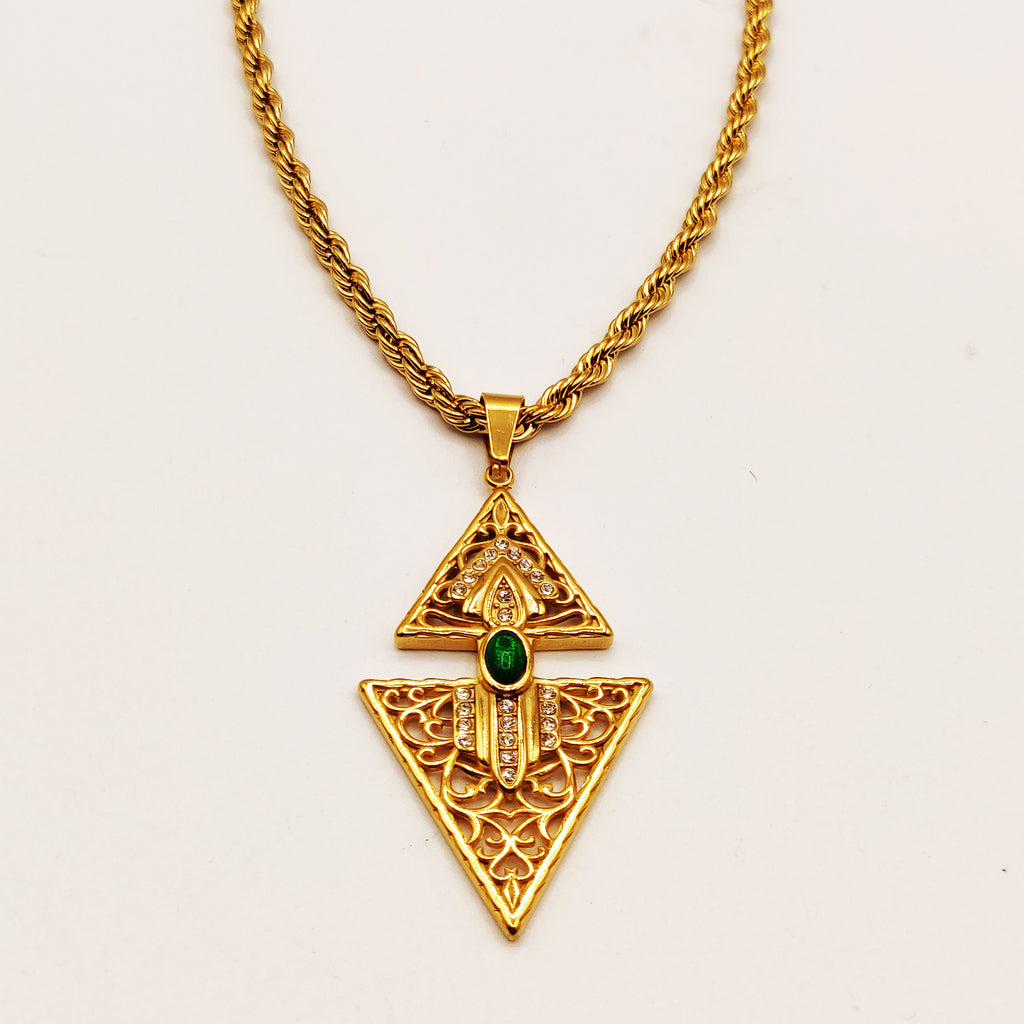 Collier Torsade Double Triangles Orientaux Pierre Verte Luxe