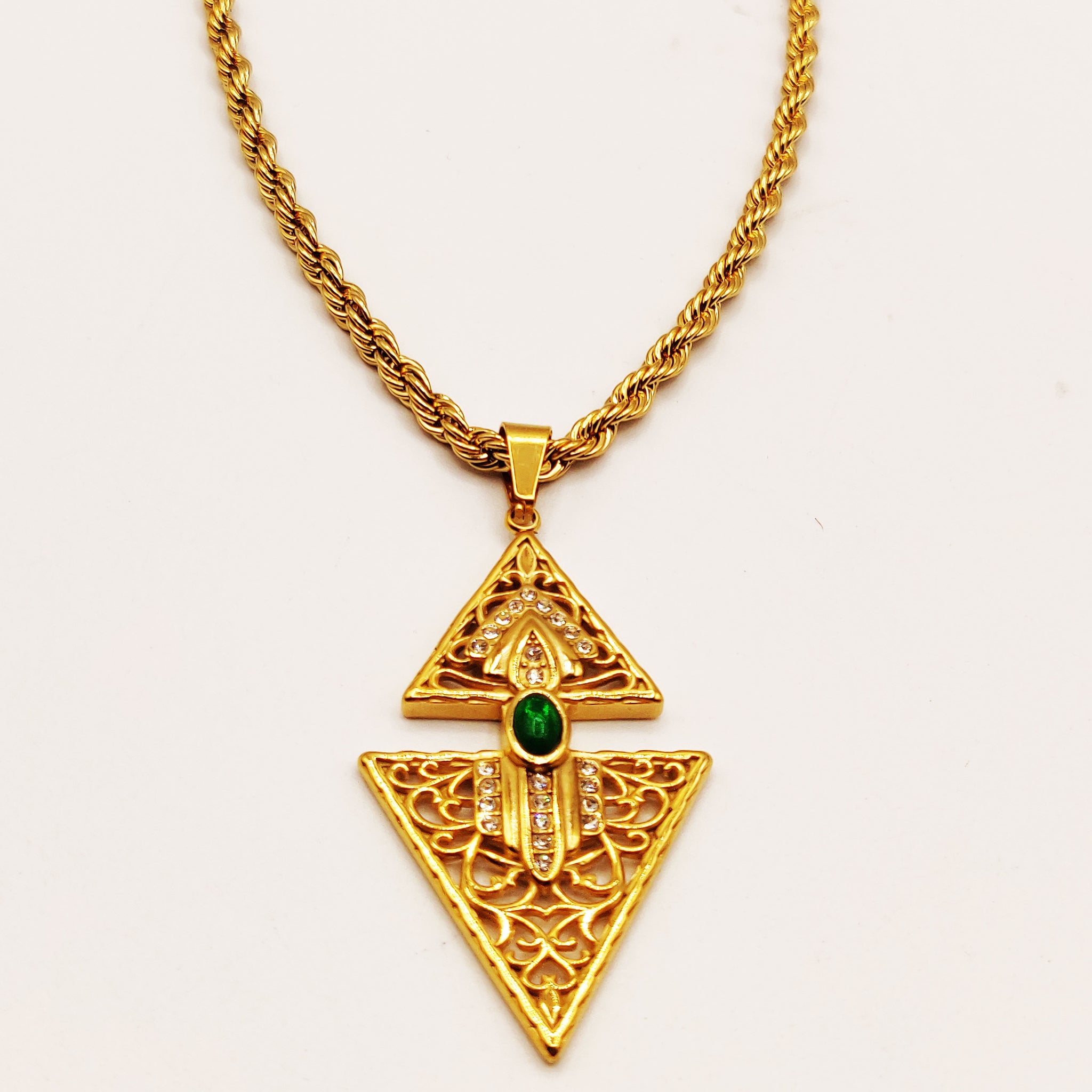 Collier Torsade Double Triangles Orientaux Pierre Verte Luxe