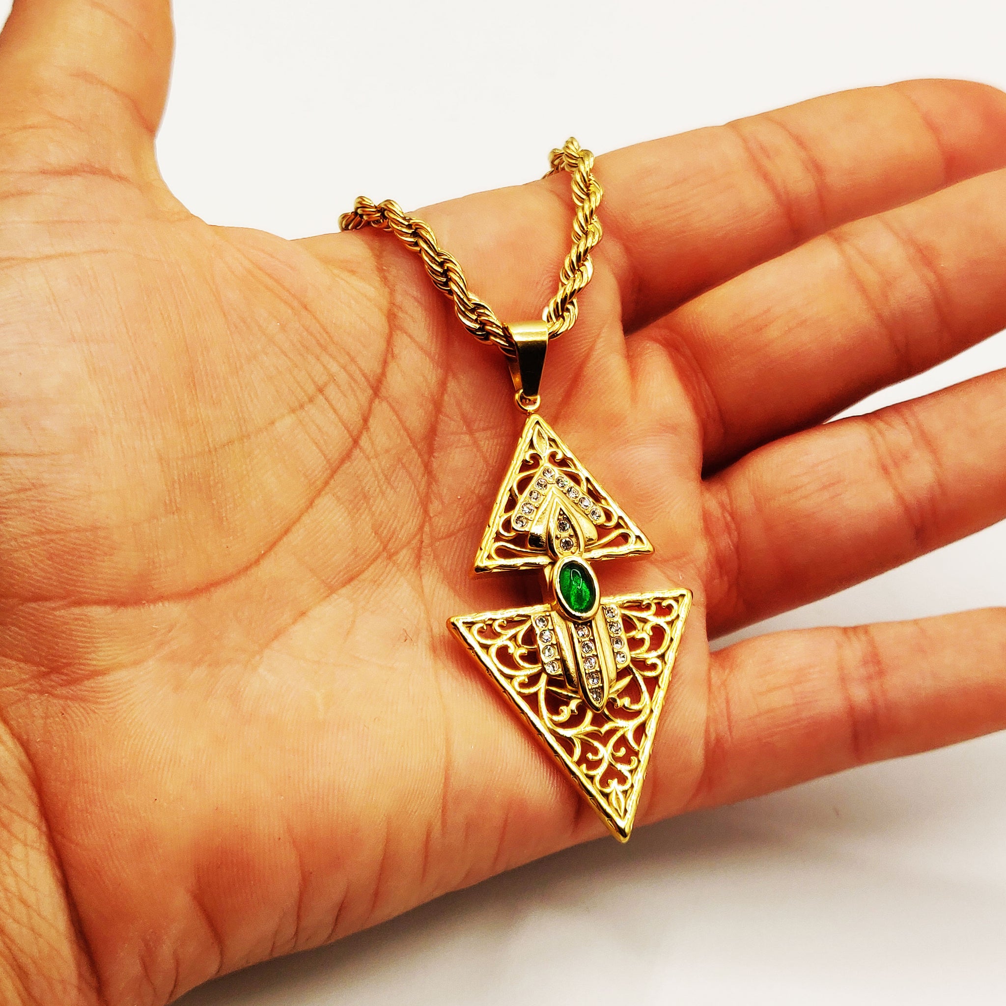 Collier Torsade Double Triangles Orientaux Pierre Verte Luxe