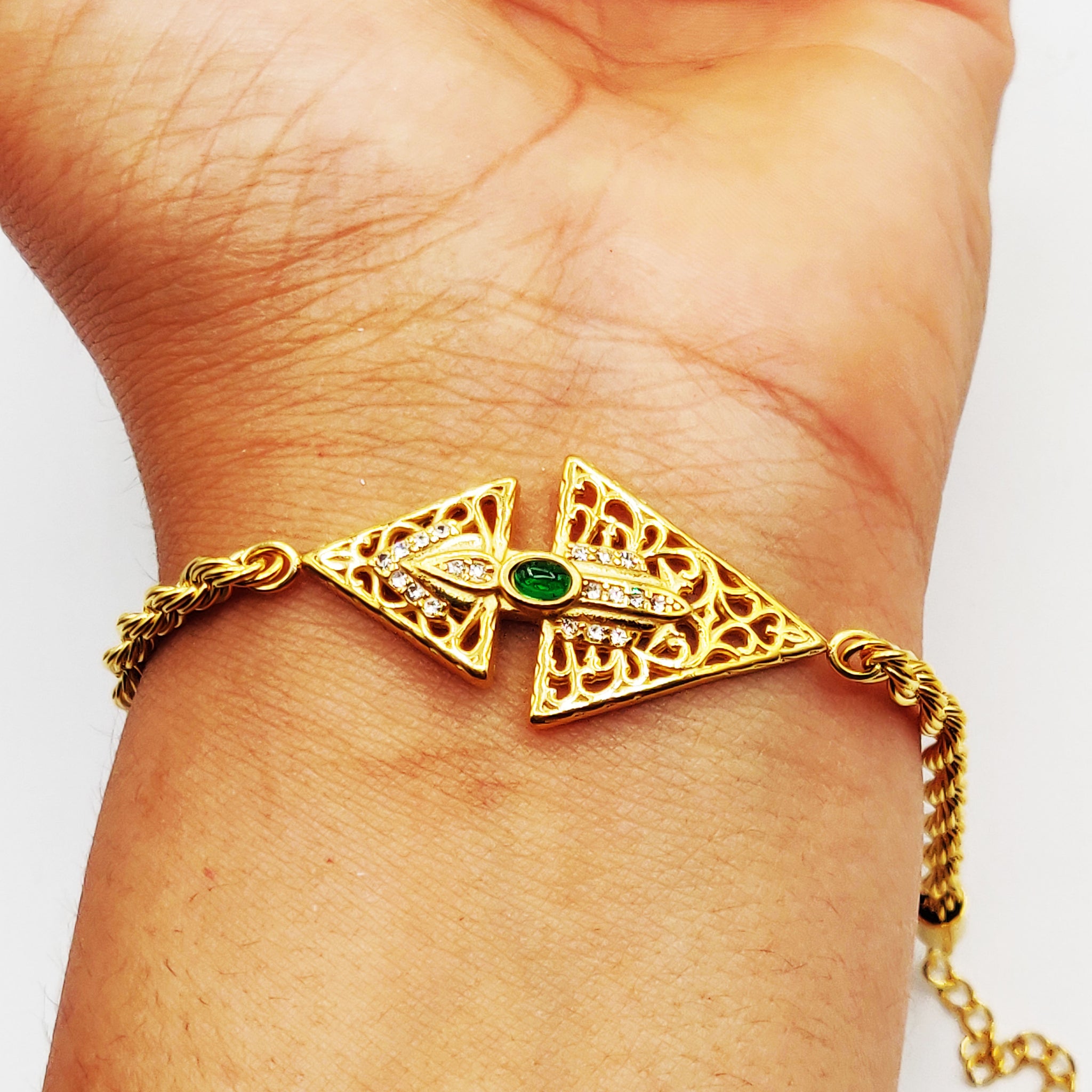 Bracelet Torsade Double Triangles Orientaux Pierre Verte Luxe