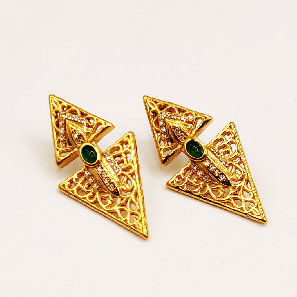Boucles d'oreilles Torsade Double Triangles Orientaux Pierre Verte Luxe