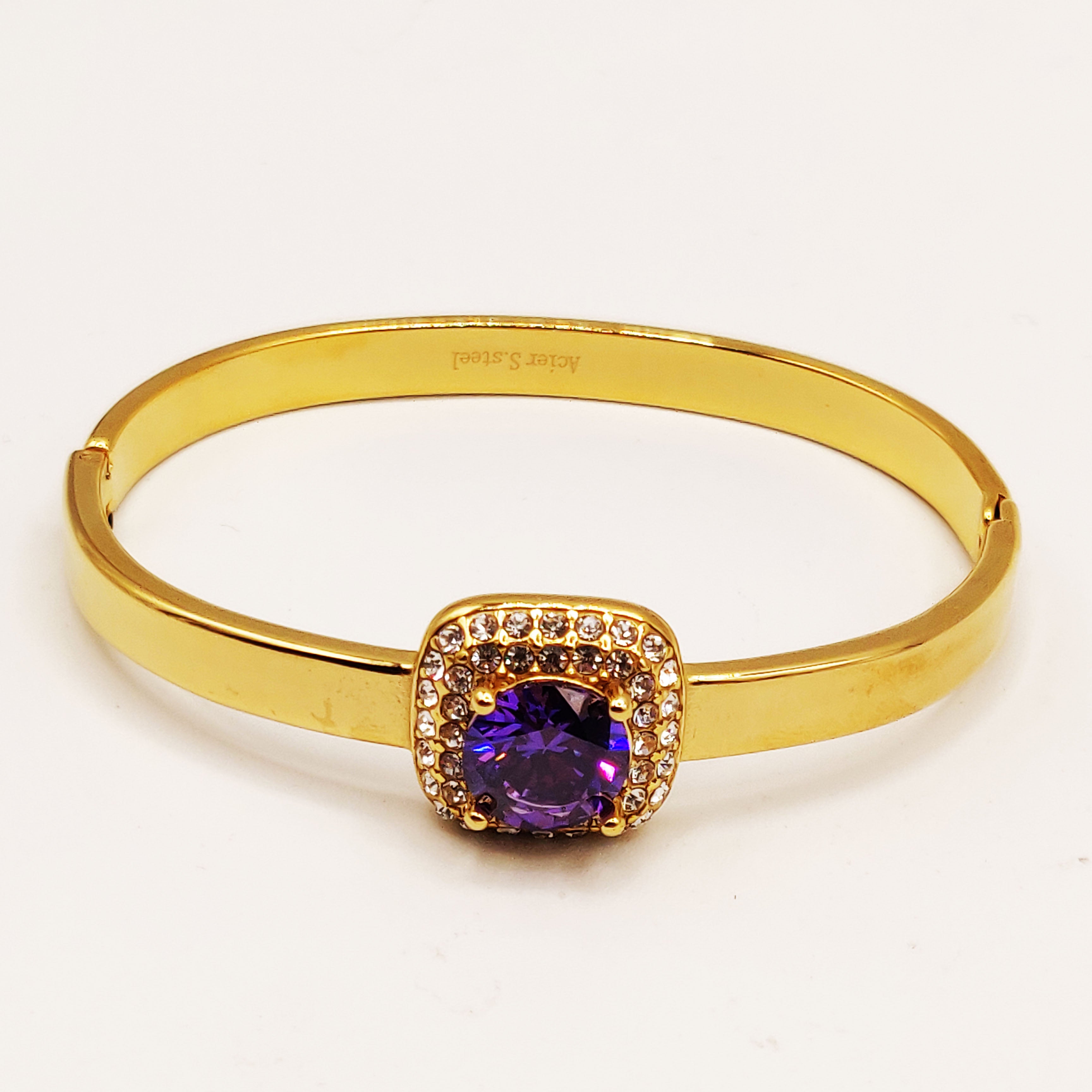 Bracelet Rigide Carré Gros Cristal Violet Tour Cristaux Luxe