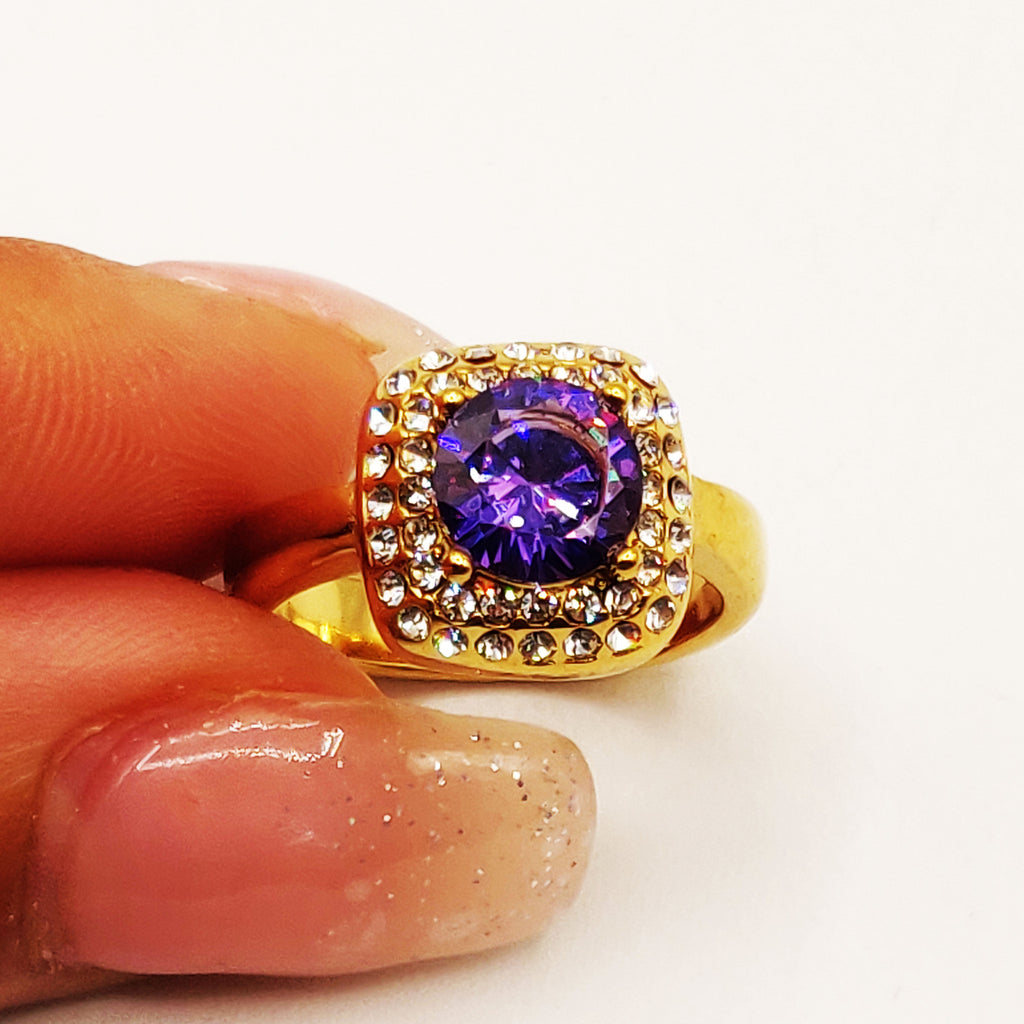 Bague Carré Gros Cristal Violet Tour Cristaux Luxe