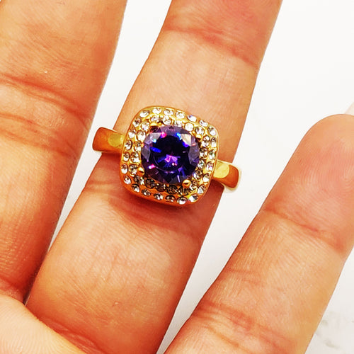 Bague Carré Gros Cristal Violet Tour Cristaux Luxe