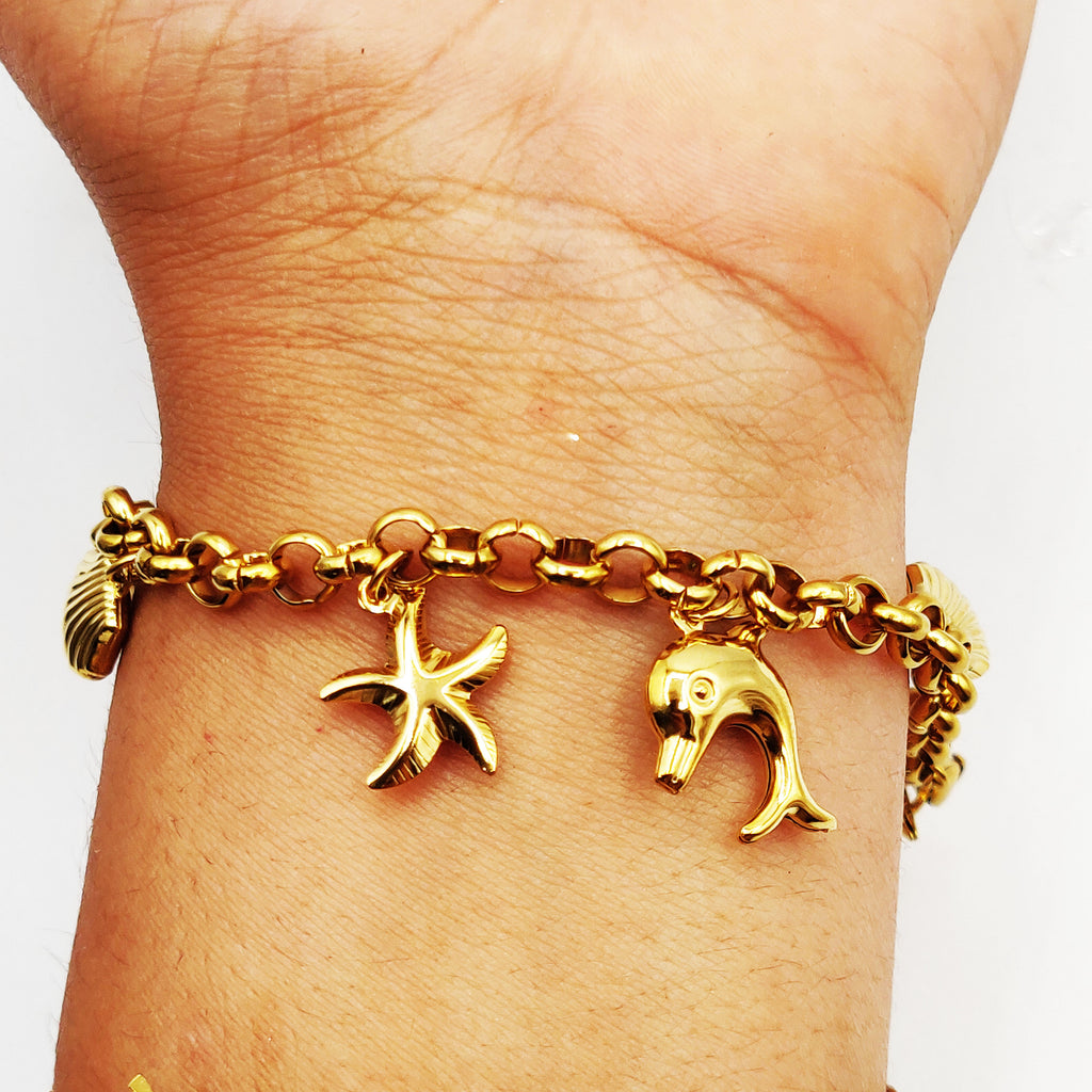 Bracelet Chaîne Bibelots Dauphins et Coquillages Luxe