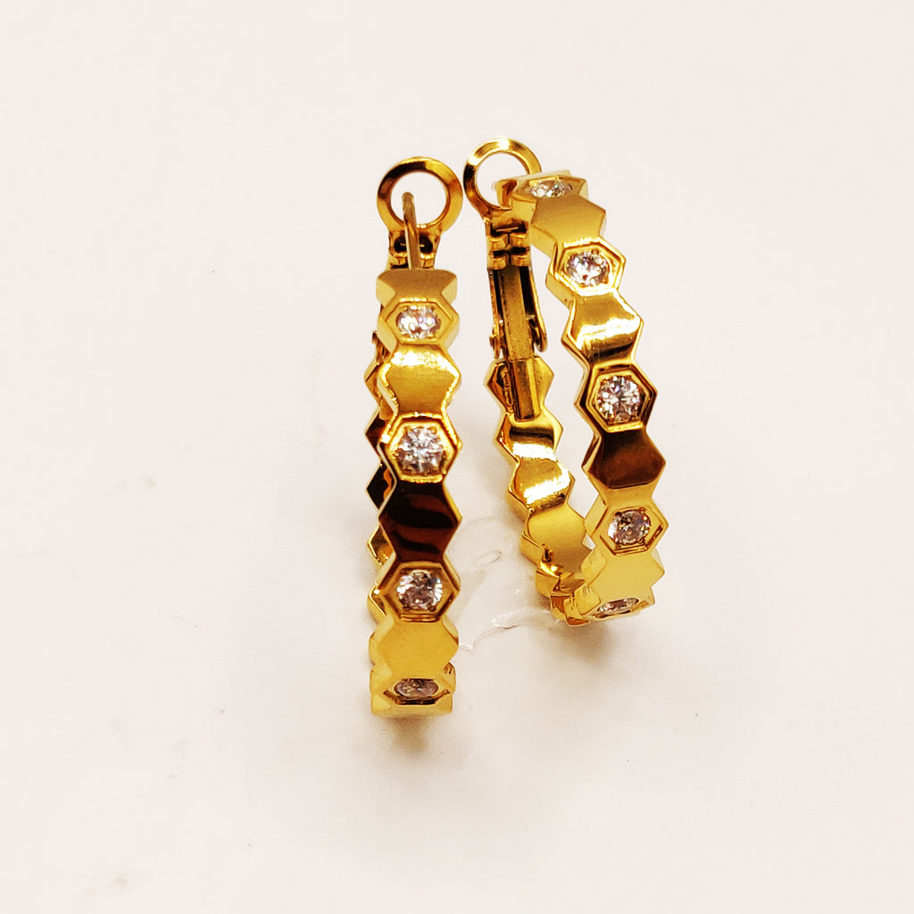Boucles d'oreilles Hexagones Dorés et Cristaux Luxe