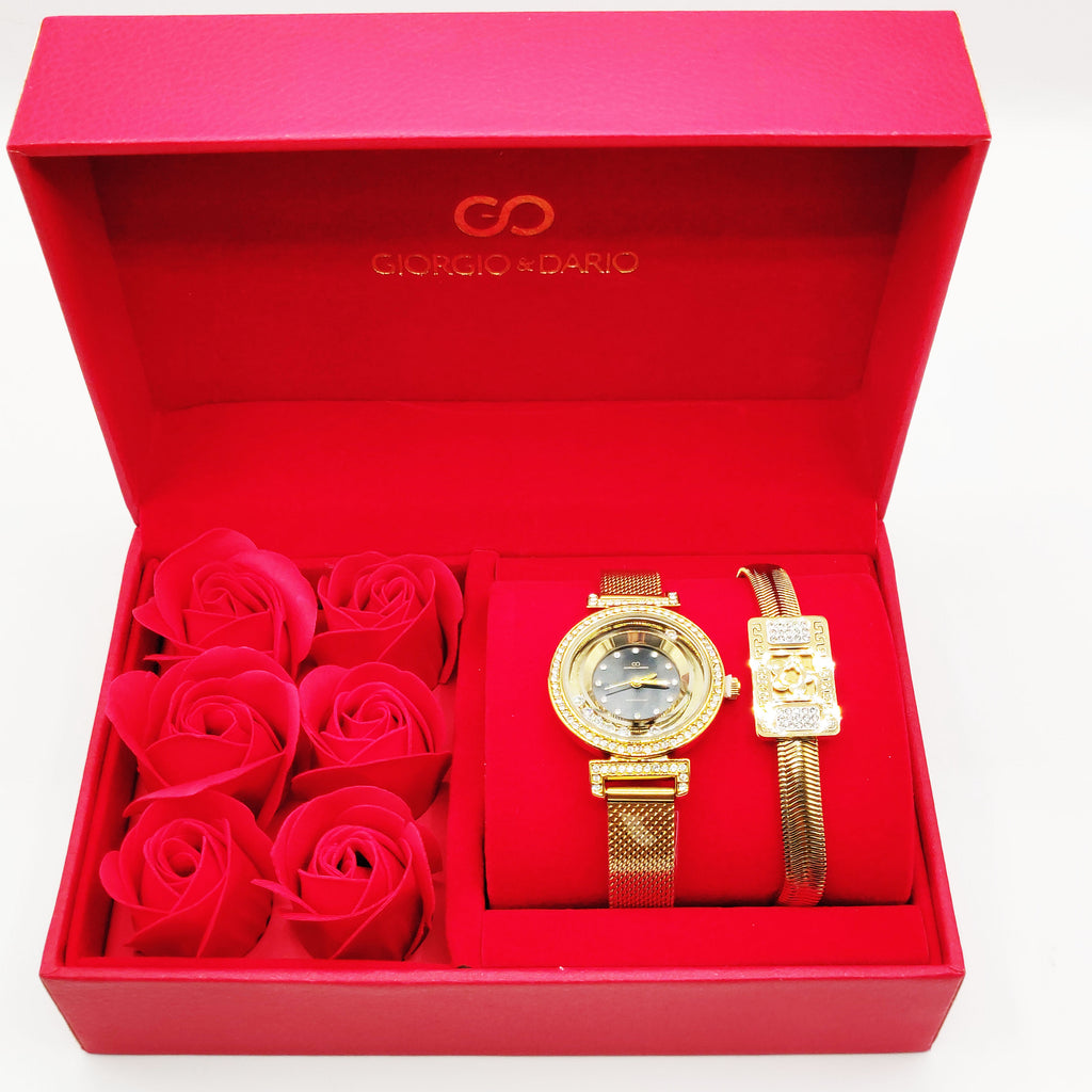 Coffret Cadeau Montre Giorgio & Dario EU6509 Fond Noir avec Bracelet Rigide Rectangle Marguerite et Roses Rouges