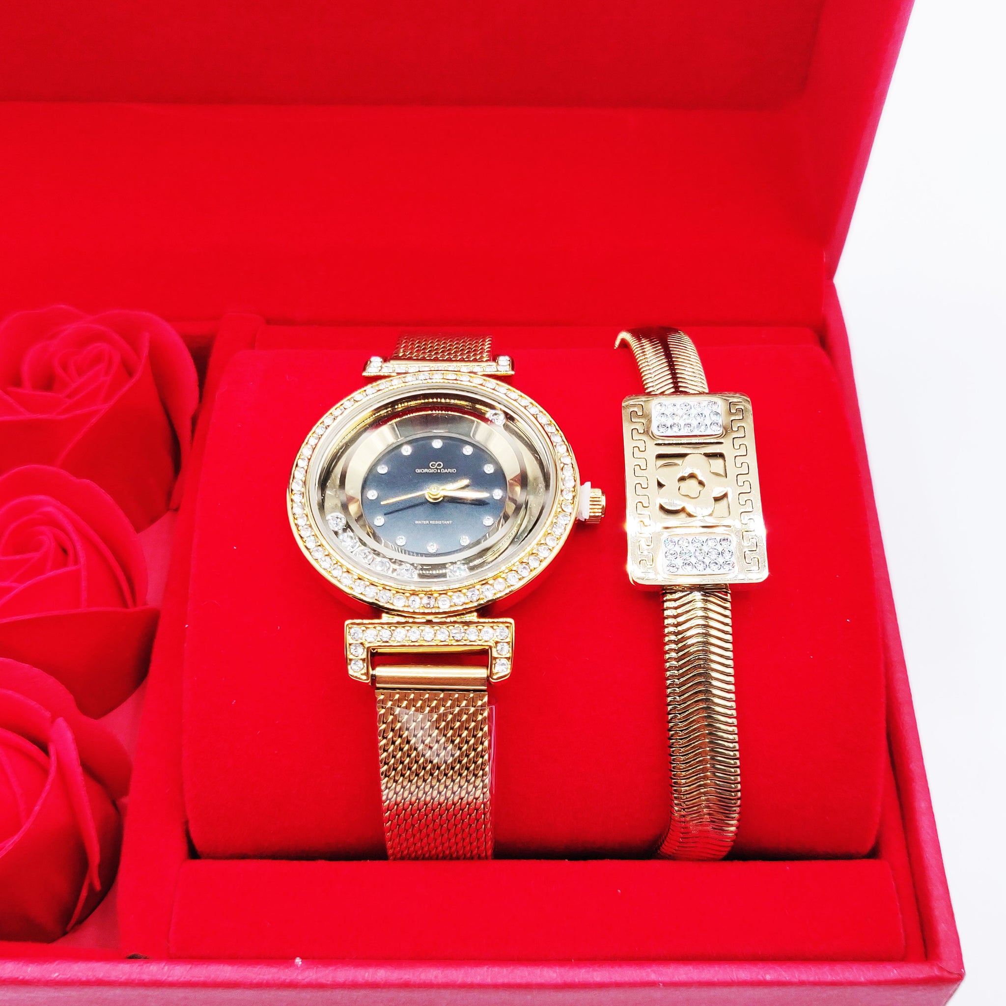 Coffret Cadeau Montre Giorgio & Dario EU6509 Fond Noir avec Bracelet Rigide Rectangle Marguerite et Roses Rouges