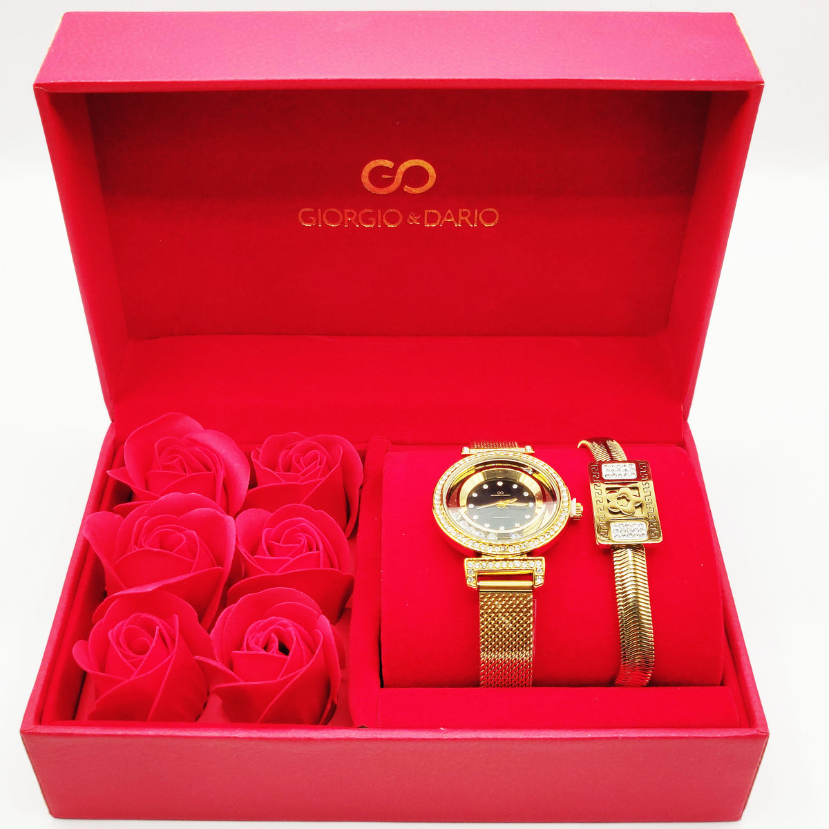 Coffret Cadeau Montre Giorgio & Dario EU6509 Fond Noir avec Bracelet Rigide Rectangle Marguerite et Roses Rouges