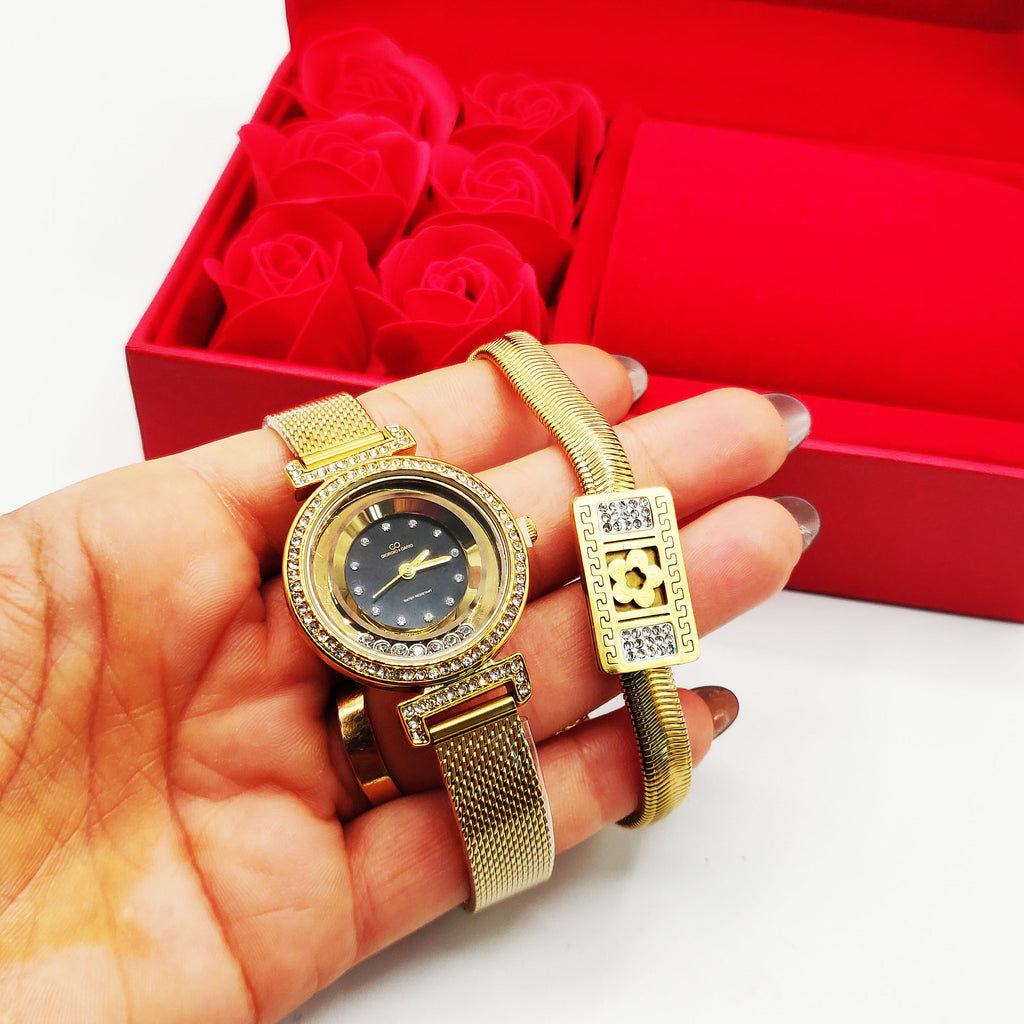 Coffret Cadeau Montre Giorgio & Dario EU6509 Fond Noir avec Bracelet Rigide Rectangle Marguerite et Roses Rouges