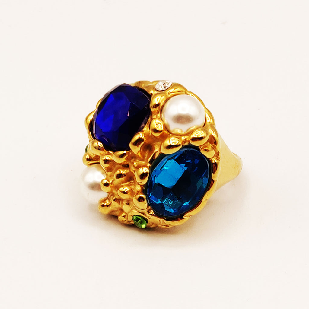 Bague Cristaux Ovales Bleus Ciel et Foncé