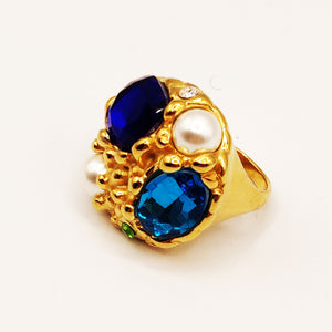 Bague Cristaux Ovales Bleus Ciel et Foncé