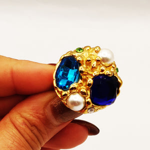 Bague Cristaux Ovales Bleus Ciel et Foncé
